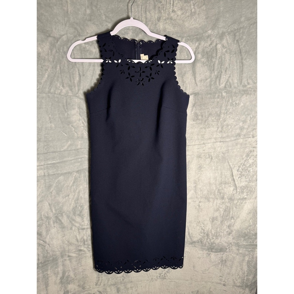 J.Crew Navy Blue Laser Cut Eyelet Scallop Shift Dress 00 Sleeveless Mini